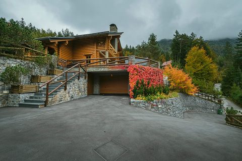 Exterior view across the driveway showing the full gable end of the chalet, the crimson creeper wall, and autumn trees.