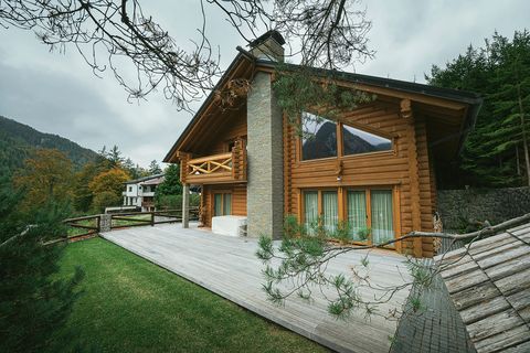 The whole chalet seen from the lawn, showing the full gable end, a stone chimney, large windows, and surrounding trees.
