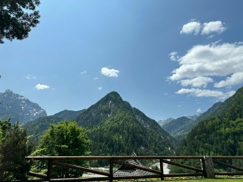 Summer view from the garden over the timber railing to a forested peak and the rocky ridges beyond.