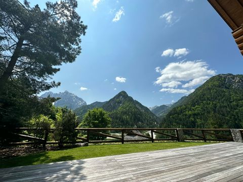 The timber sun deck and lawn in summer, with the mountains rising directly beyond the garden railing.